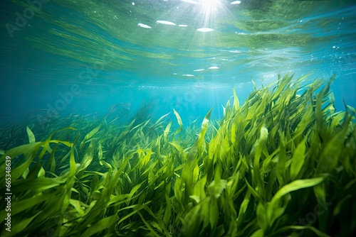 Underwater view of a group of seabed with green seagrass.