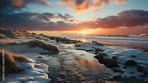 Coastal Winter Solitude: Wide Sunset Landscape with Long Shadows. Generative AI