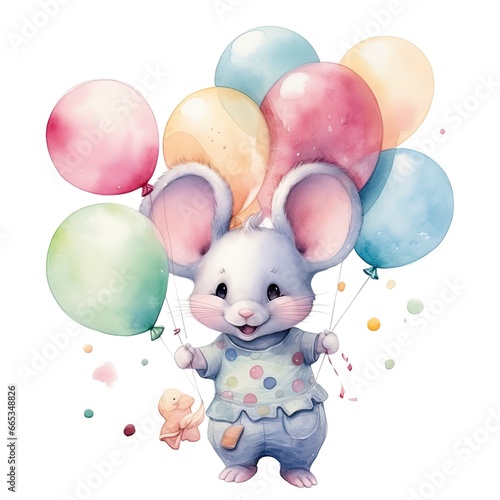 Watercolor mouse with balloons.