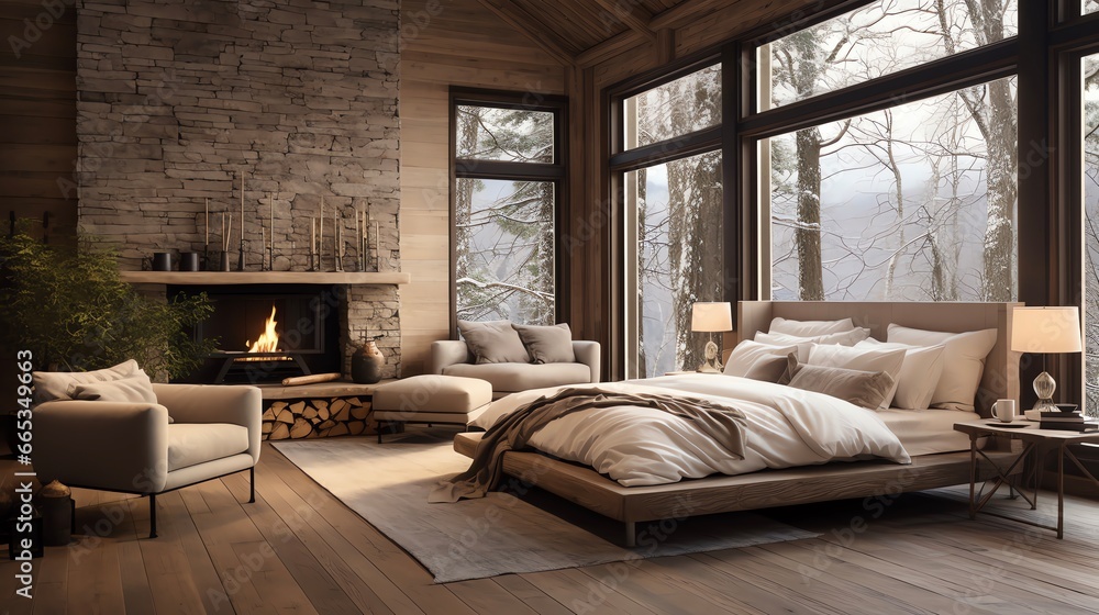 Farmhouse interior design of a modern bedroom with a fireplace and wooden floor. Big windows overlooking trees. Farmhouse interior design of a modern bedroom with a fireplace and wooden floor. Big windows overlooking trees.
