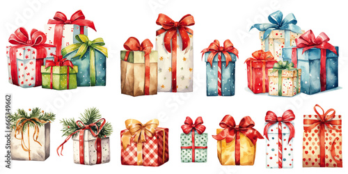 Set of Christmas Present gift boxes watercolor vectors
