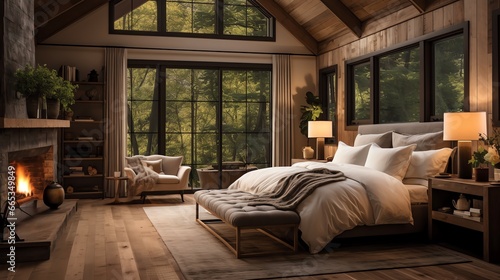 Farmhouse interior design of a modern bedroom with a fireplace and wooden floor. Big windows overlooking trees. 