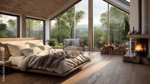 Farmhouse interior design of a modern bedroom with a fireplace and wooden floor. Big windows overlooking trees.  © G