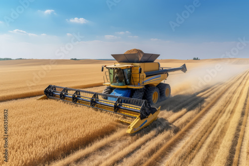 A massive combine harvester gathering successfully cultivated wheat. The vast land continues to the horizon. Labor provides for the world's food production. Concepts for agriculture and production.