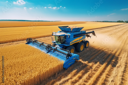 The harvest of successfully grown wheat with a large combine harvester. The fertile land extends to the horizon. Labor sustains global food supply. Concepts of production and agriculture.
