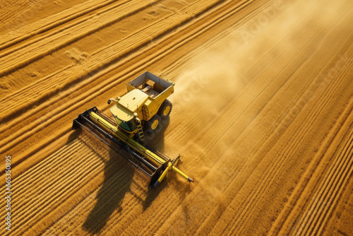 The harvest of successfully grown wheat with a large combine harvester. The fertile land extends to the horizon. Labor sustains global food supply. Concepts of production and agriculture.