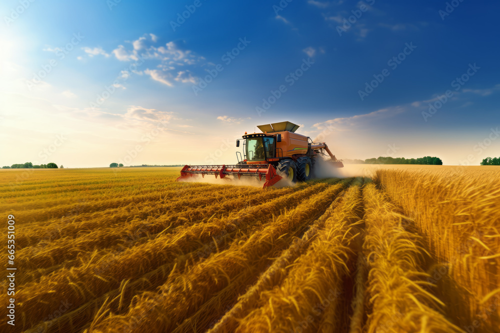 Fototapeta premium A massive combine tractor reaping the fruits of successful wheat cultivation. Expansive land stretching to the horizon. Labor sustains global food production. The concept of agriculture and production