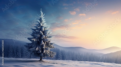  a lone pine tree stands in the snow in front of a sunset.  generative ai © Anna