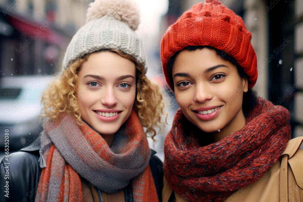 portrait of two young beautiful happy smiling girls wearing stylish winter clothes posing on street portrait of two young beautiful happy smiling girls wearing stylish winter clothes posing on street