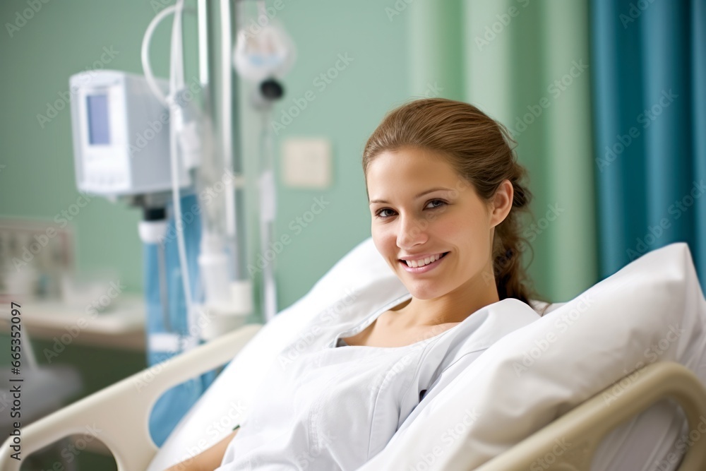 Fototapeta premium a portrait of a beautiful young adult woman patient in a clinic hospital room on a bed