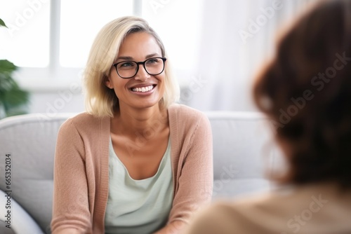 female psychologist with glasses smiling at a meeting with a patient client photo
