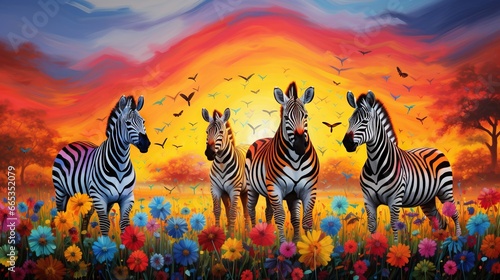  a painting of three zebras in a field of flowers.  generative ai