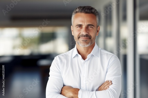 portrait of handsome business man with crossed hands standing in the office blurry background © id512