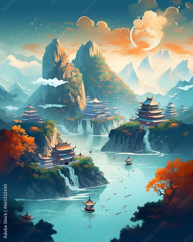 Chinese landscape mapdistant mountains flat illustration.