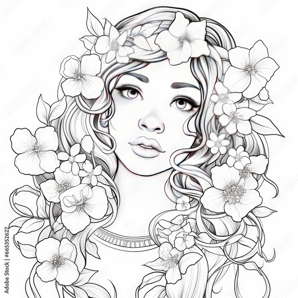 A girl on a coloring book page with Jasmine flowers. A girl on a coloring book page with Jasmine flowers.