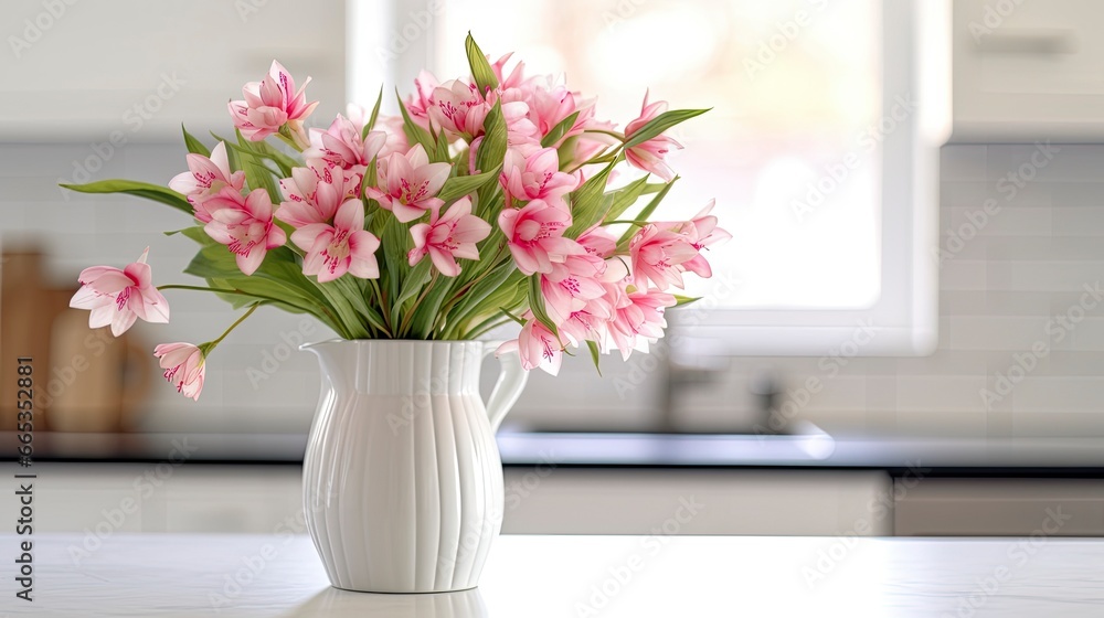 A white vase full of pink flowers is sitting on counter. A white vase full of pink flowers is sitting on counter.