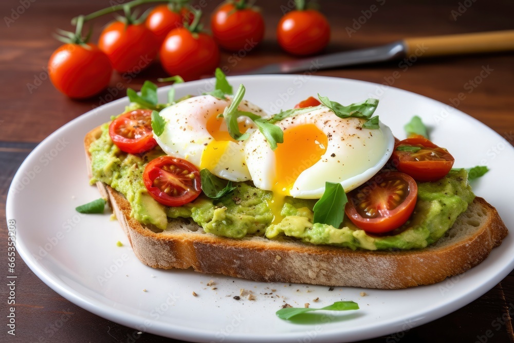 Avocado toast with eggs and roasted tomatoes.