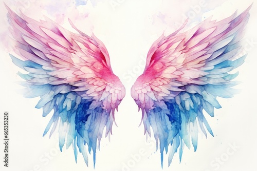 Beautiful magic watercolor blue pink wings. © Khalada