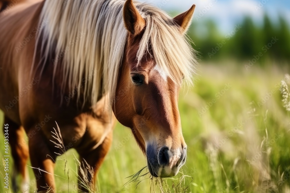 Fototapeta premium Brown horse with blond hair eats grass on a green meadow detail from the head.