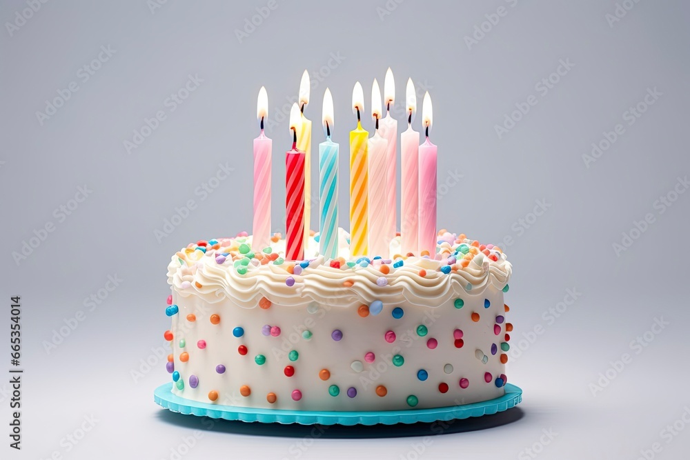 Colourful birthday cake with candles isolated on white background. Colourful birthday cake with candles isolated on white background.