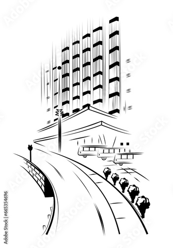 The cityscape with road and houses.