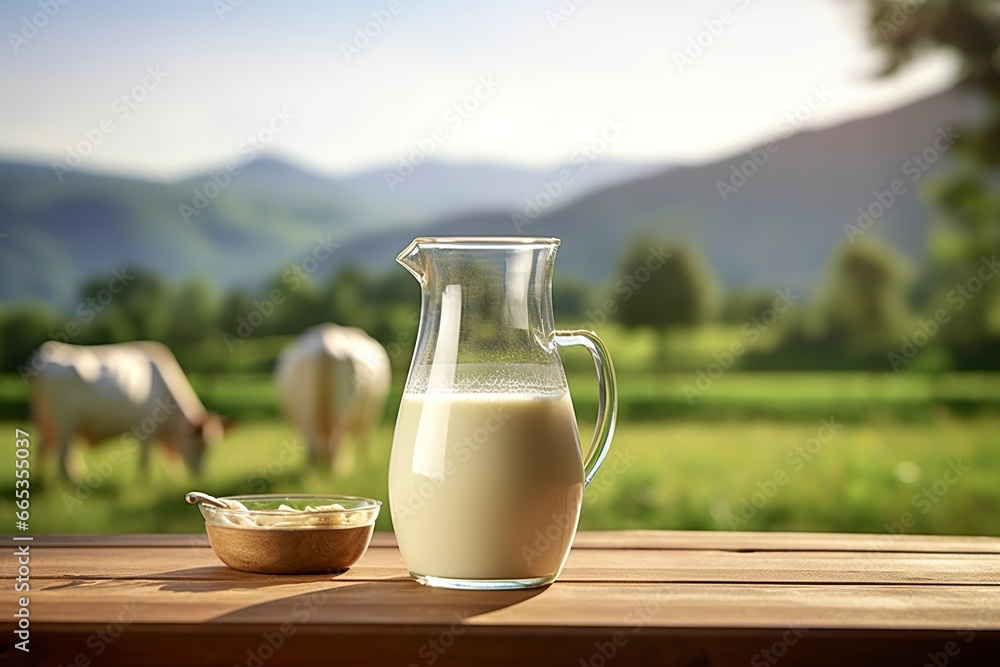 Glass pitcher with fresh milk on a wooden table. Glass pitcher with fresh milk on a wooden table.