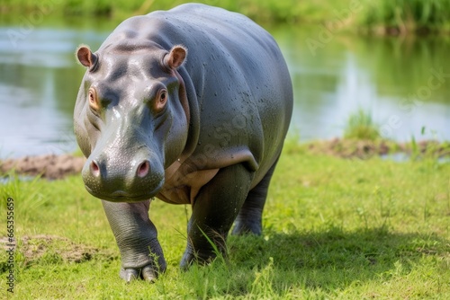 Hippopotamus Walking in a green field. © Khalada