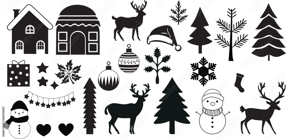 set of Christmas elements, charismas collection, snowman, gift box, charismas tree, charismas decoration, Santa clues hat, charismas wreath, ornaments, charismas, stocking  