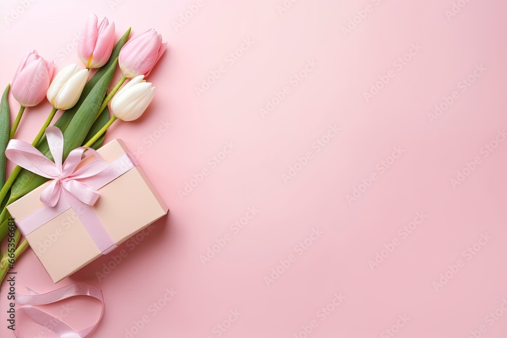Pink gift box with ribbon bow and bouquet of tulips on isolated pastel pink background. Pink gift box with ribbon bow and bouquet of tulips on isolated pastel pink background.