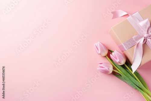 Mother's Day concept. Pink gift box with ribbon bow and a bouquet of tulips.