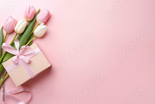 Pink gift box with ribbon bow and bouquet of tulips on isolated pastel pink background.