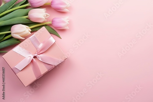 Mother's Day concept. Pink gift box with ribbon bow and a bouquet of tulips. © Khalada