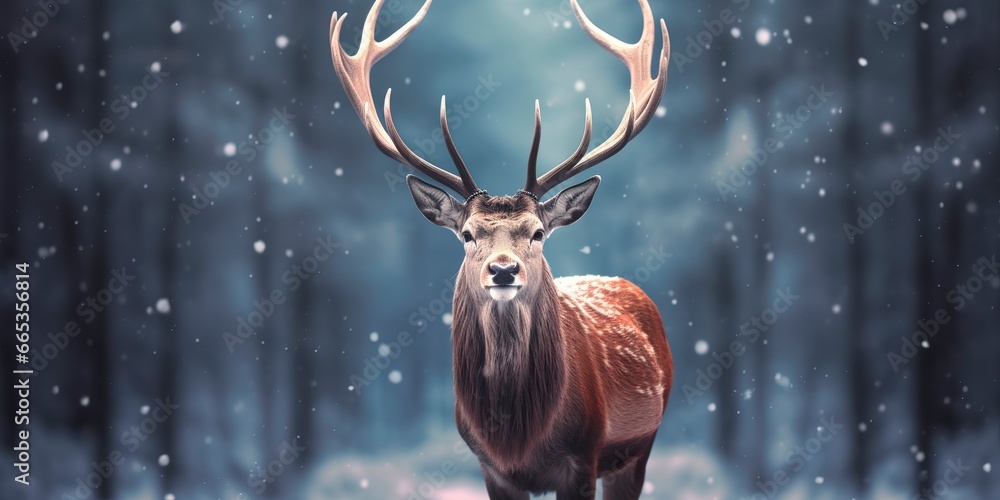 Noble deer male in the winter snow forest. Artistic winter Christmas landscape. Noble deer male in the winter snow forest. Artistic winter Christmas landscape.