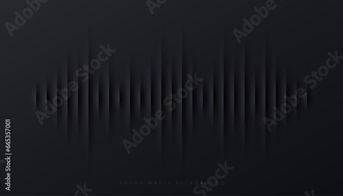 Sound wave equalizer lines on black and gray background. Visualization futuristic design element. Radio and music template design. Modern voice sound recognition in papercut style. Vector illustration