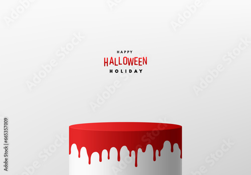 Happy halloween 3D background realistic dripping red blood on white cylinder pedestal podium. Platforms mockup product display presentation. Abstract composition in minimal design. Stage for showcase.