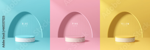 Set of 3D happy easter day background. Yellow, blue, pink and white podium with egg shape gate backdrop scene. Platforms mockup product display. Abstract composition minimal design. Stage showcase.