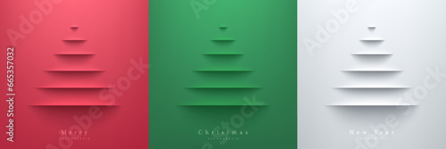 Set of merry christmas tree on red, green and white in paper cut background. Elements of new year day festival for card, cover. Top view scene for product display. Simple flat design in minimal design