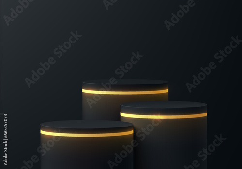 3D podium background with set of black cylinder pedestal on black wall scene. Black friday sale. Platforms mockup product display presentation. Abstract composition in minimal design. Stage showcase.