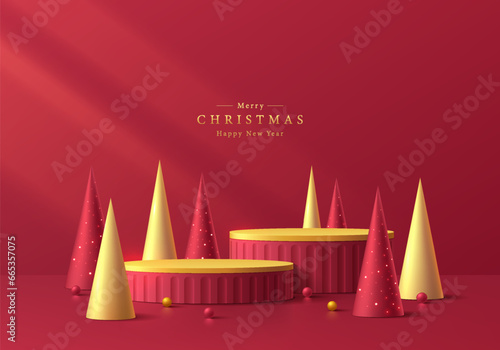 3D podium background. Red golden cylinder pedestal with red and golden christmas tree wall scene. Platforms mockup product display presentation. Abstract composition minimal design. Stage showcase.