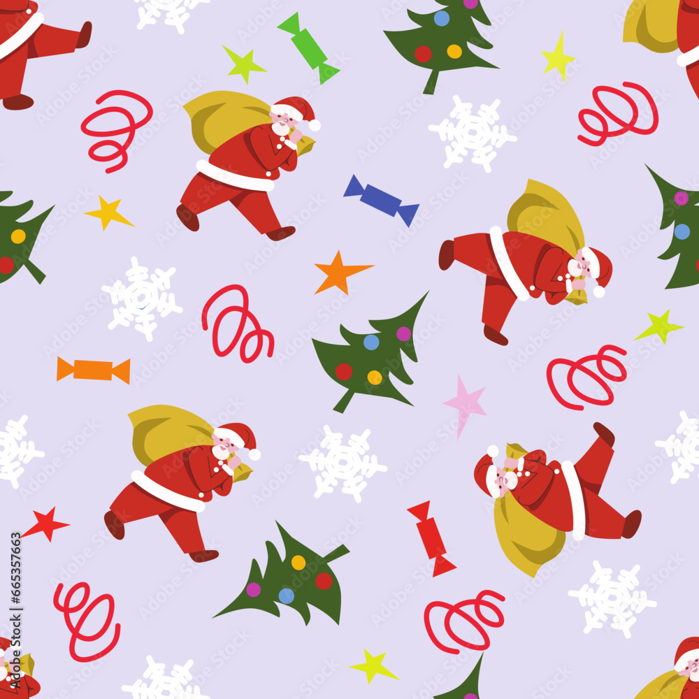 Obraz premium Santa Claus. Brings gifts. Seamless background, texture, repeating pattern. Suitable for fabric, wrapping paper. 