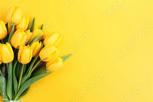 Top view design of holiday greeting tulip flower bouquet on bright yellow Background.