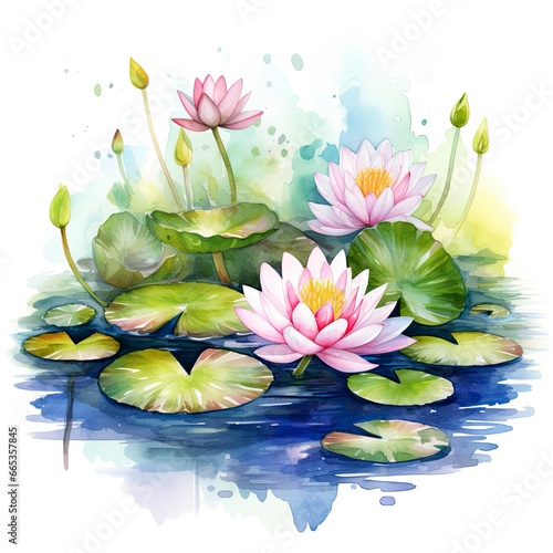 Water Lily in Pond. Watercolor design.