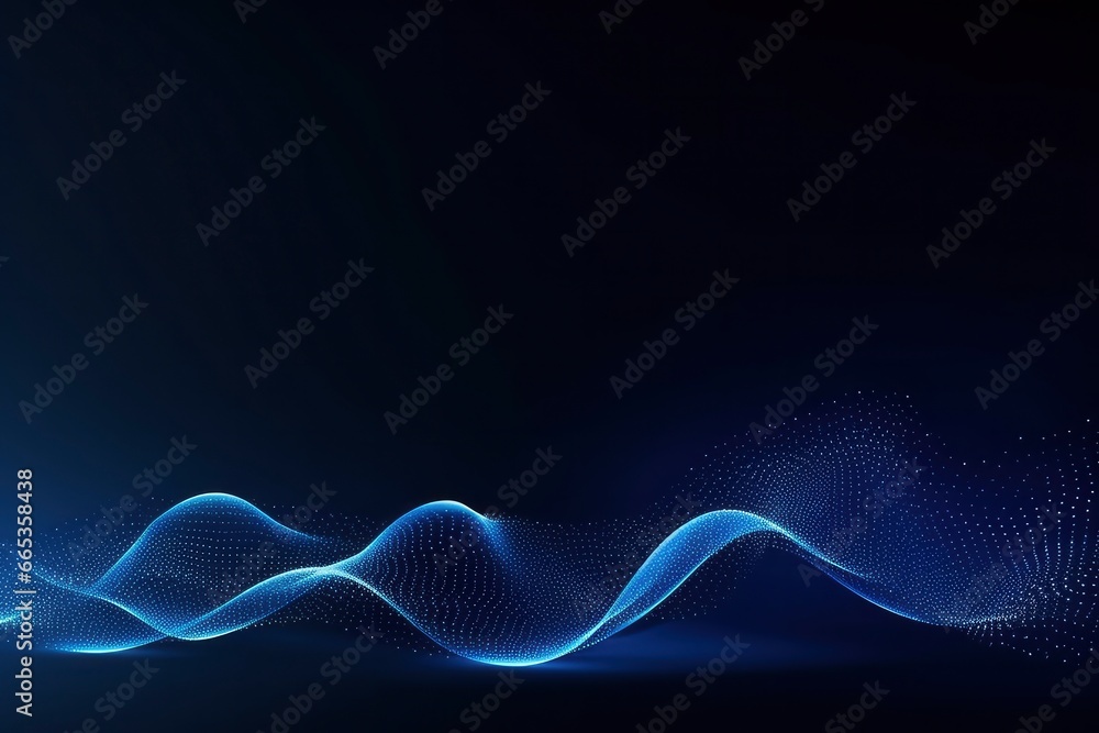 Dynamic blue particle wave. Abstract sound visualization. Digital structure of the wave flow of luminous particles.