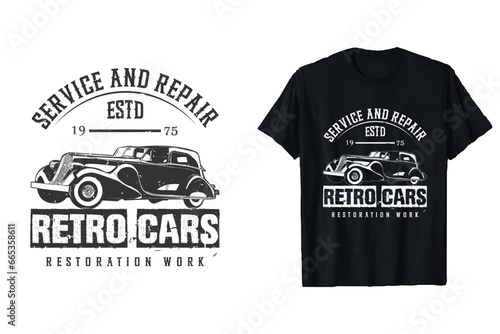 Retro Vintage Classic Car Silhouette Vector T-shirt Design. Old American car black and white t-shirt print graphic.