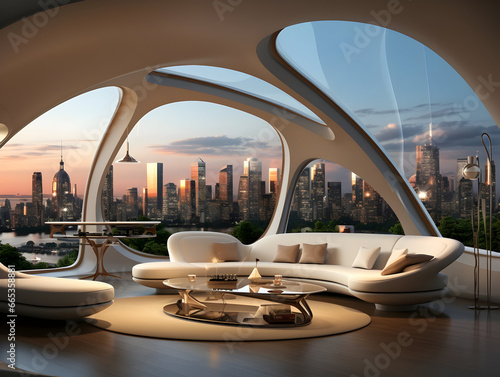 Futuristic skyline home decor with floor to ceiling windows and cityscape views generative ai © tanjidvect