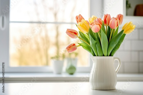 A bouquet of tulips on a white table.