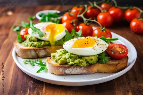 Avocado toast with eggs and roasted tomatoes.