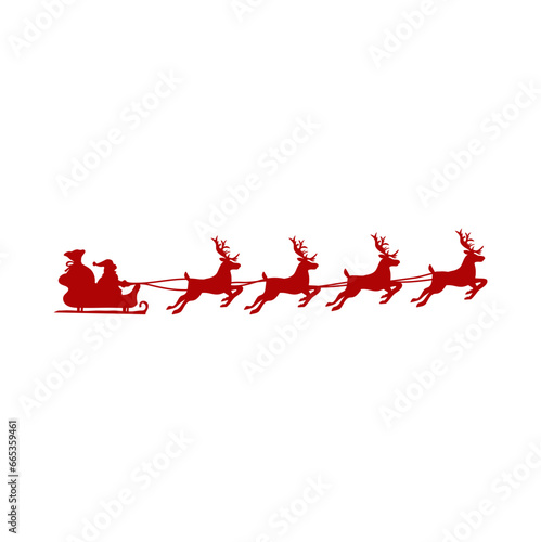 Santa Claus Silhouette in sleigh full of gifts with reindeers. Merry christmas and Happy new year decoration. 
