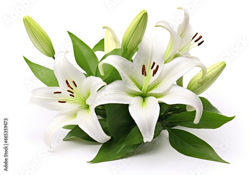 Beautiful fresh lily flower with green leaves, isolated on white background. © Khalada