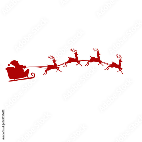 Santa Claus Silhouette in sleigh full of gifts with reindeers. Merry christmas and Happy new year decoration. 